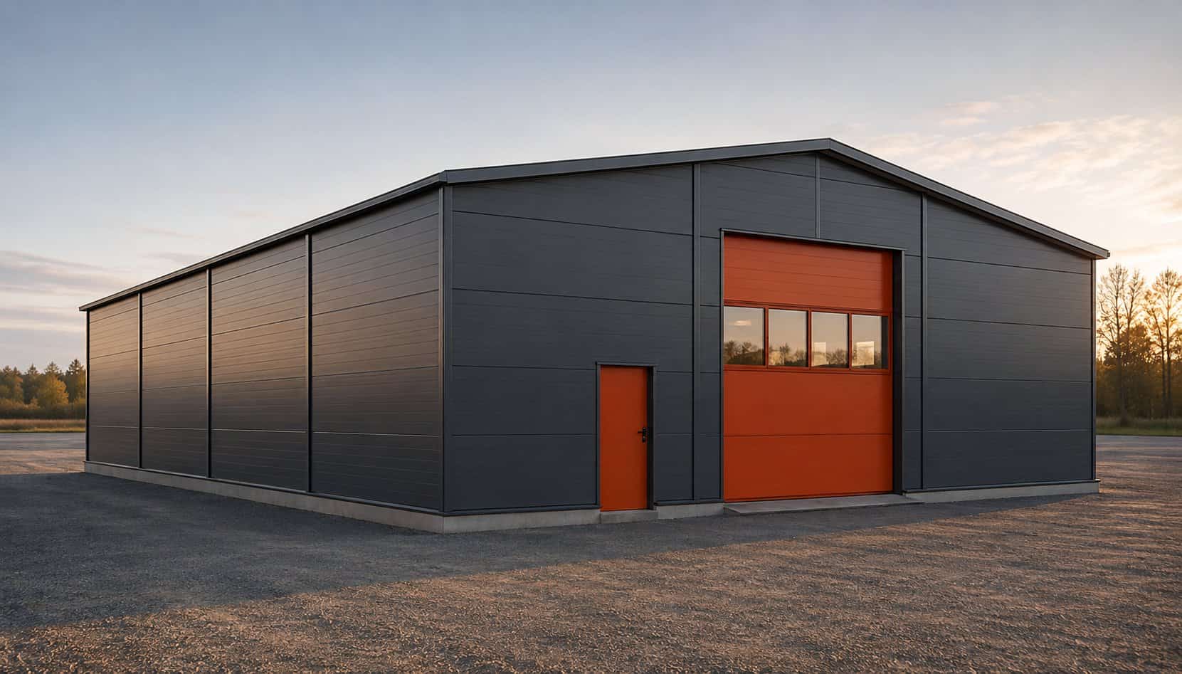 Render of a steel building with anthracite sandwich panels and an orange sectional door