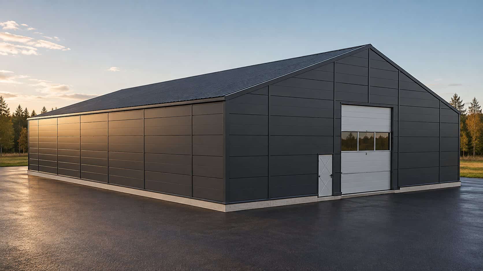 Render of a steel building with anthracite sandwich panels and a light grey sectional door