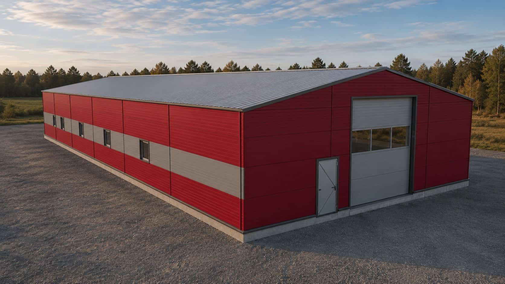 Render of a steel building with red sandwich panels and a light grey band