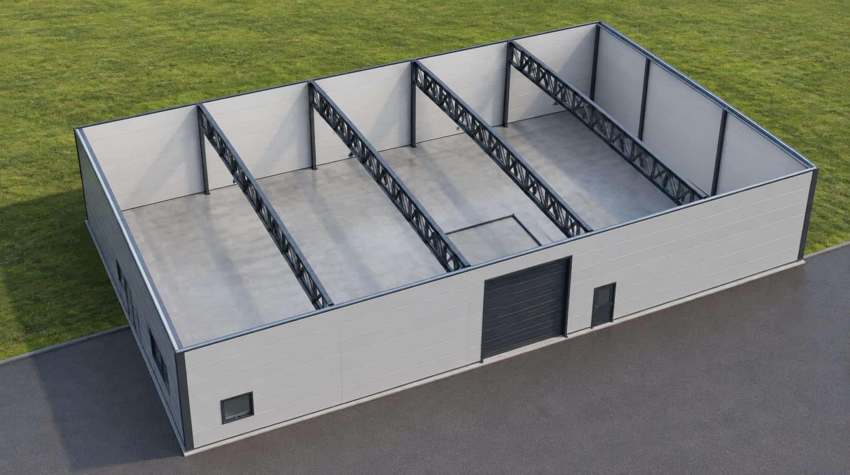 Render of a flat-roof building with the roof structure exposed