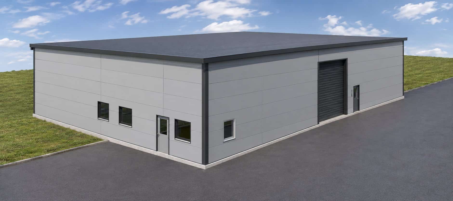 Render of a flat-roof building seen from a corner