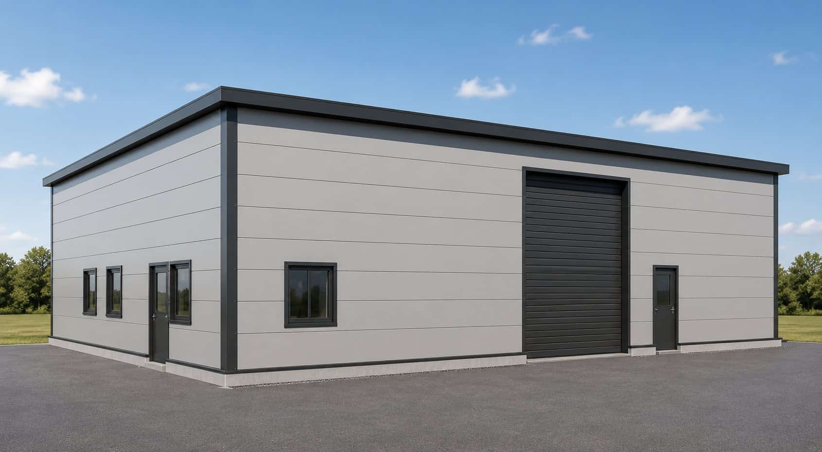 Render of a flat-roof building with light grey sandwich panels, a sectional door and personnel doors