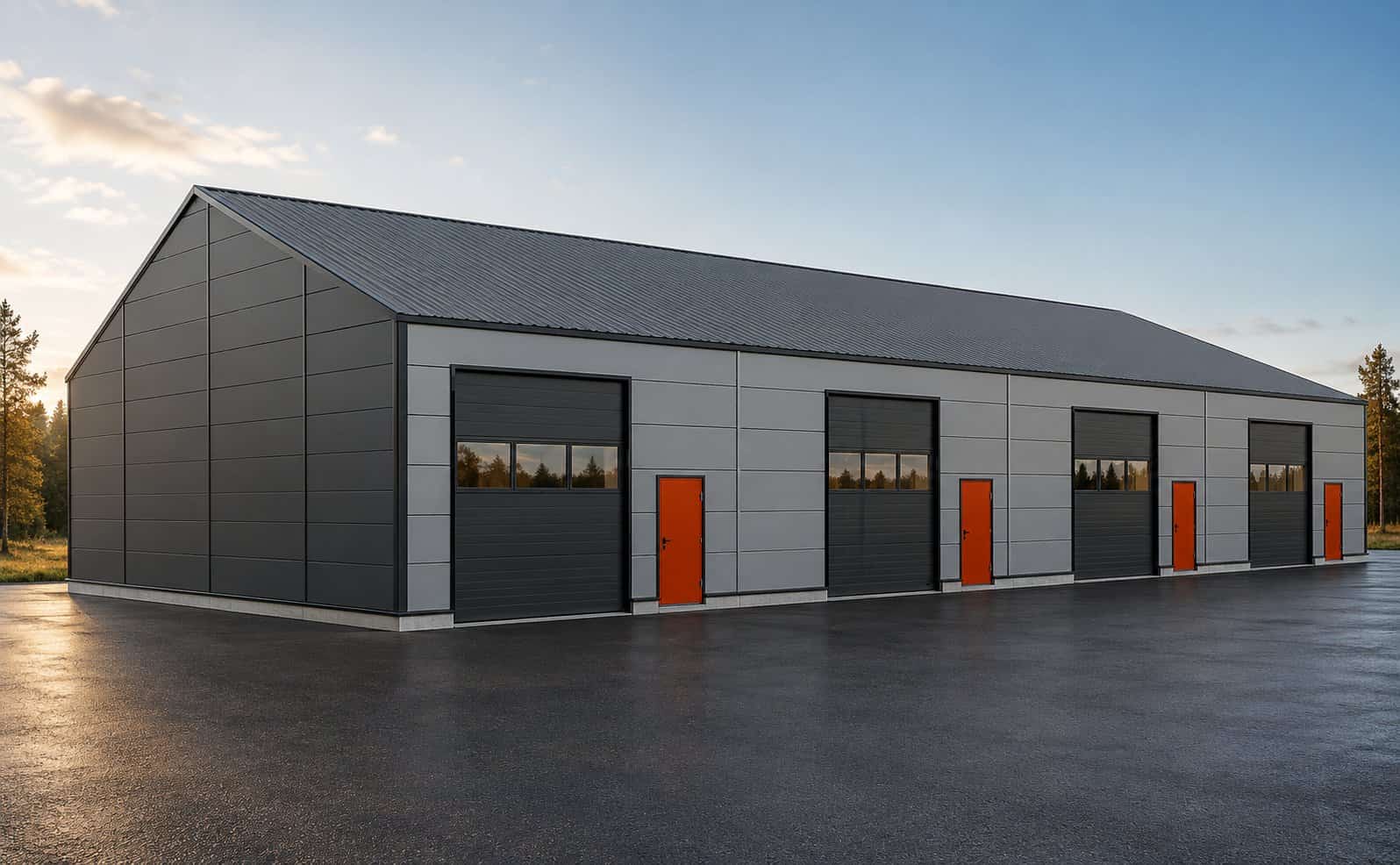Render of a steel building with an anthracite gable and a light grey wall with several doors
