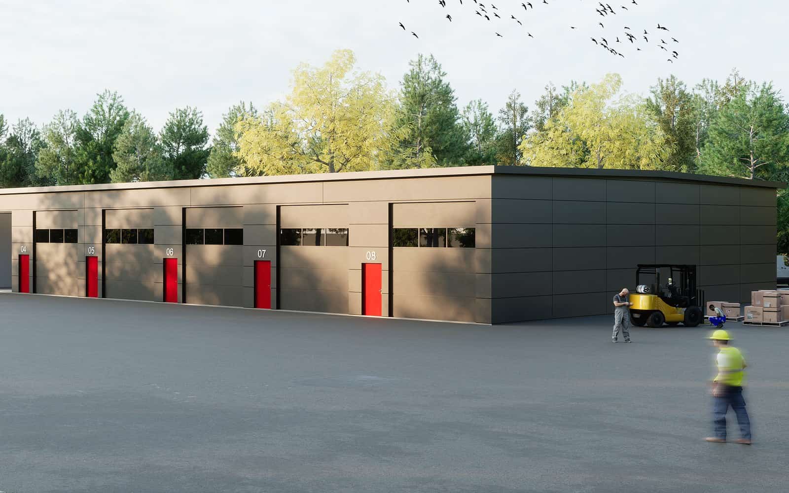 Render of a steel building with grey cladding, several sectional doors and red personnel doors