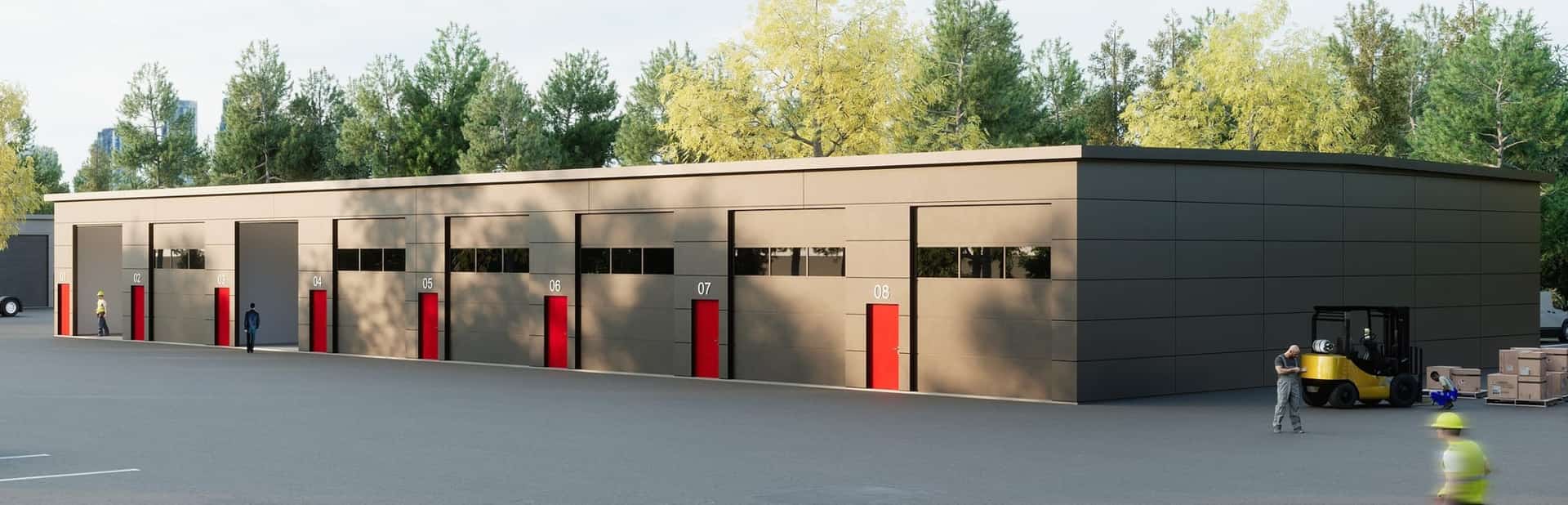 Render of a steel building, side view with sectional doors and red personnel doors