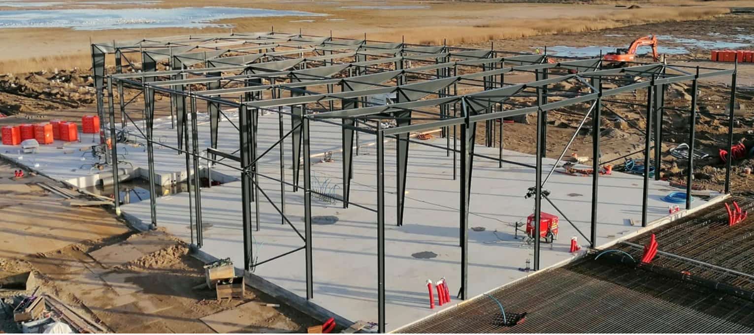 Industrial building steel frame during erection